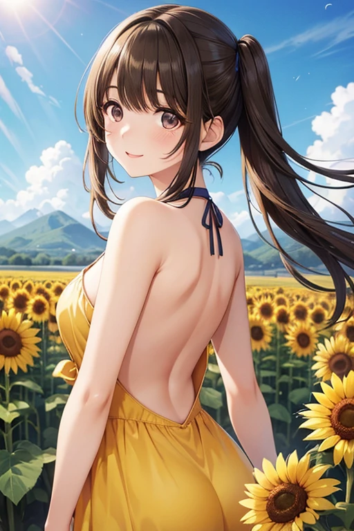 anegasaki nene、Shiny brown hair, Long Hair,Twin tails、 (Beautiful brown eyes、Sparkling eyes, Fine grain)、smile、Ultra-detailed eyes、Highly detailed face, Highly detailed eyes,
(masterpiece,Highest quality,High resolution,Highest quality,Super Details),8k,wallpaper,An illustration,
Yellow sundress with a wide open back、Beautiful back、blue sky,Cumulonimbus,grassland,Rear view,Japanese countryside,Sunflower field