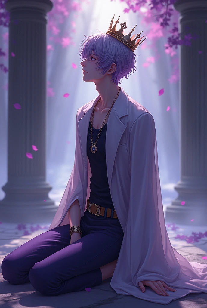 male, Silver-purple hair, Dark purple eyes, languid eyes, 20's, bust, A scene that looks like it was taken from above, with the person kneeling and looking up sadly., Romance Fantasy, Crown Prince