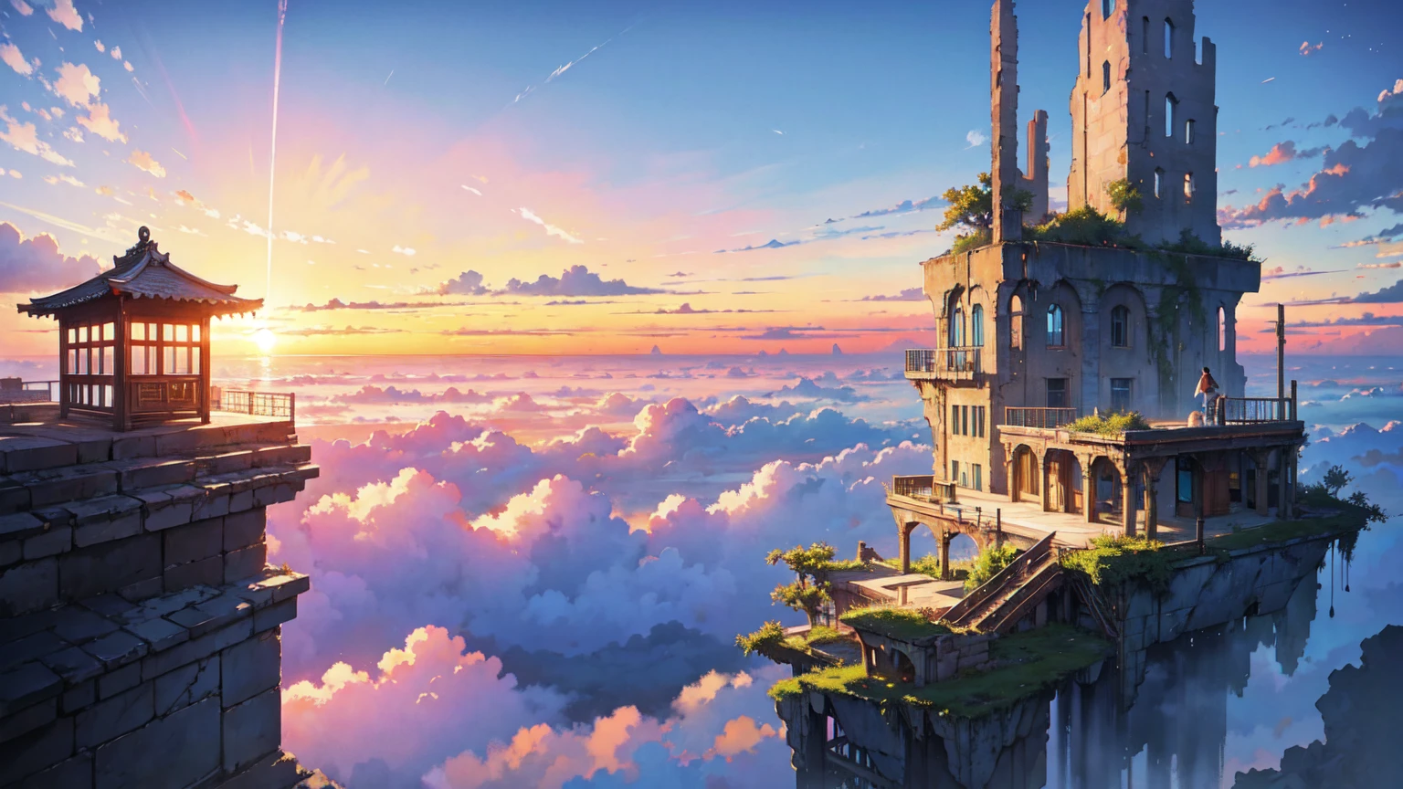 Bright painting, Makoto Shinkai, floating ruins, floating in the sky, above the clouds, stairs in the sky, illustration, nostalgic, vivid, background only, bright, refreshing, stairs, sunset
