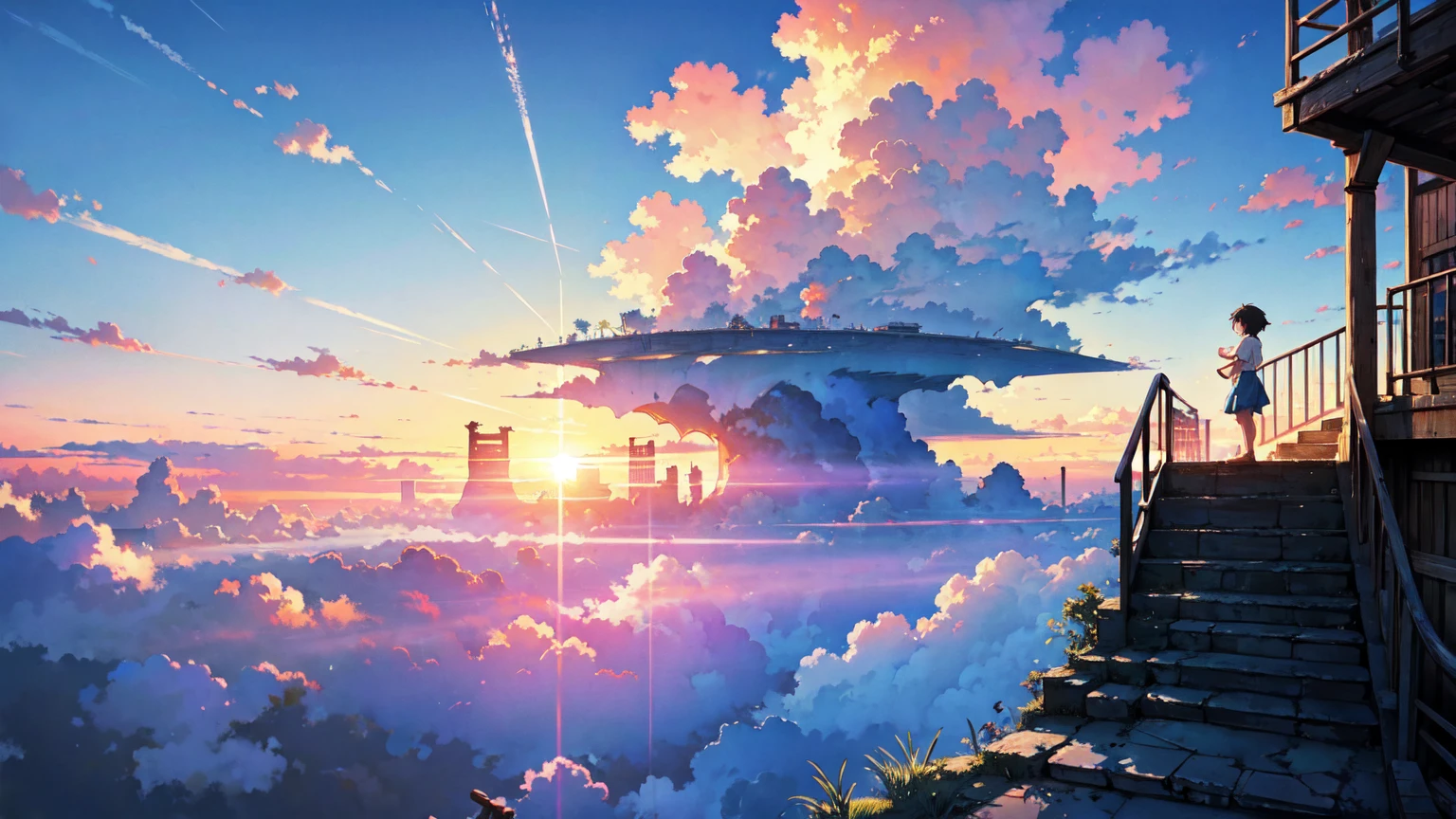 Bright painting, Makoto Shinkai, floating ruins, floating in the sky, above the clouds, stairs in the sky, illustration, nostalgic, vivid, background only, bright, refreshing, stairs, sunset