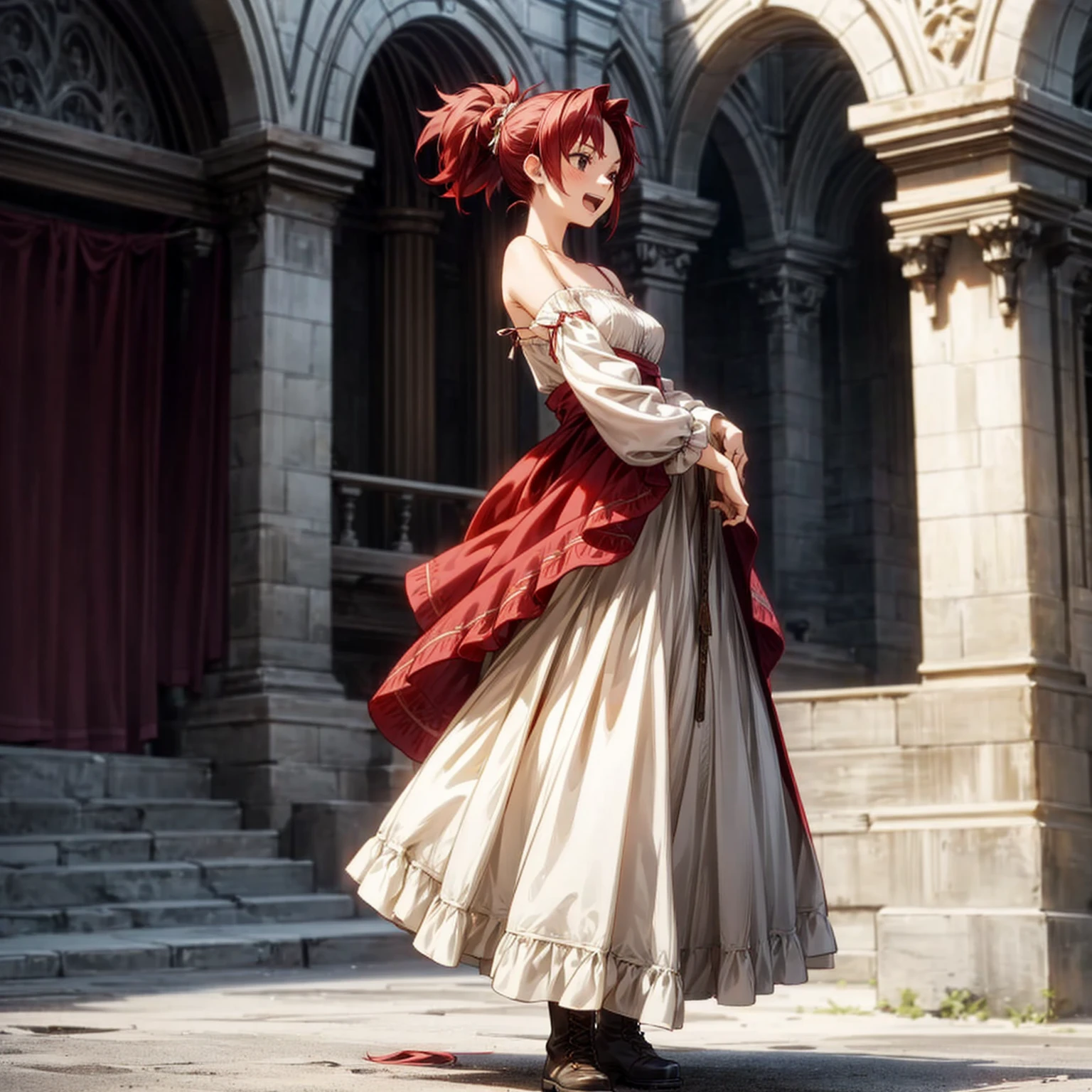 Solo character, full body version, young girl, black eyes, red color hair, long hair, ponytail, long dress clothing, Victorian dress, white color dress, bare shoulder clothing, long skirt, boots, , outdoor, village, medieval, morning, standing gesture, detailed background, detailed clothing, detailed hair, happy eyes, open mouth, Medium breast 