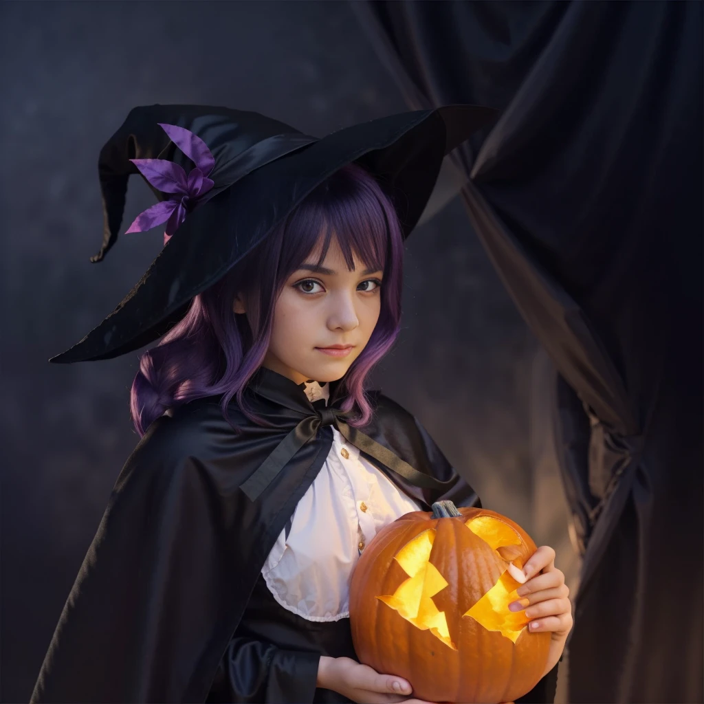 a gorgeous 10 year-old girl, straight purple hair, black satin cape, cute witch girl, holding a pumpkin, extremely detailed, 4k, perfect face