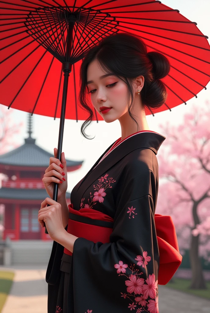 Create a digital painting of an elegant woman dressed in a traditional Japanese kimono with a modern twist. The kimono is primarily black, providing a strong and sophisticated base, and features red and pink cherry blossom patterns that add warmth and delicacy. The red obi (belt) complements the kimono and adds a vibrant contrast. The woman is holding a large red umbrella above her, with subtle highlights that suggest sunlight filtering through. Her eyes are closed, exuding grace and serenity, and her hair is styled in a neat updo with soft waves. The background should depict a serene Japanese garden with cherry blossom trees in full bloom and a traditional pagoda structure in muted reds, with soft pastel hues creating a peaceful atmosphere. The textures should be smooth and polished, with the kimono appearing silky and luxurious, and the cherry blossoms delicate and soft. The overall atmosphere should be calm and sophisticated, with a harmonious blend of colors and textures that emphasize the character’s elegance and the serene setting