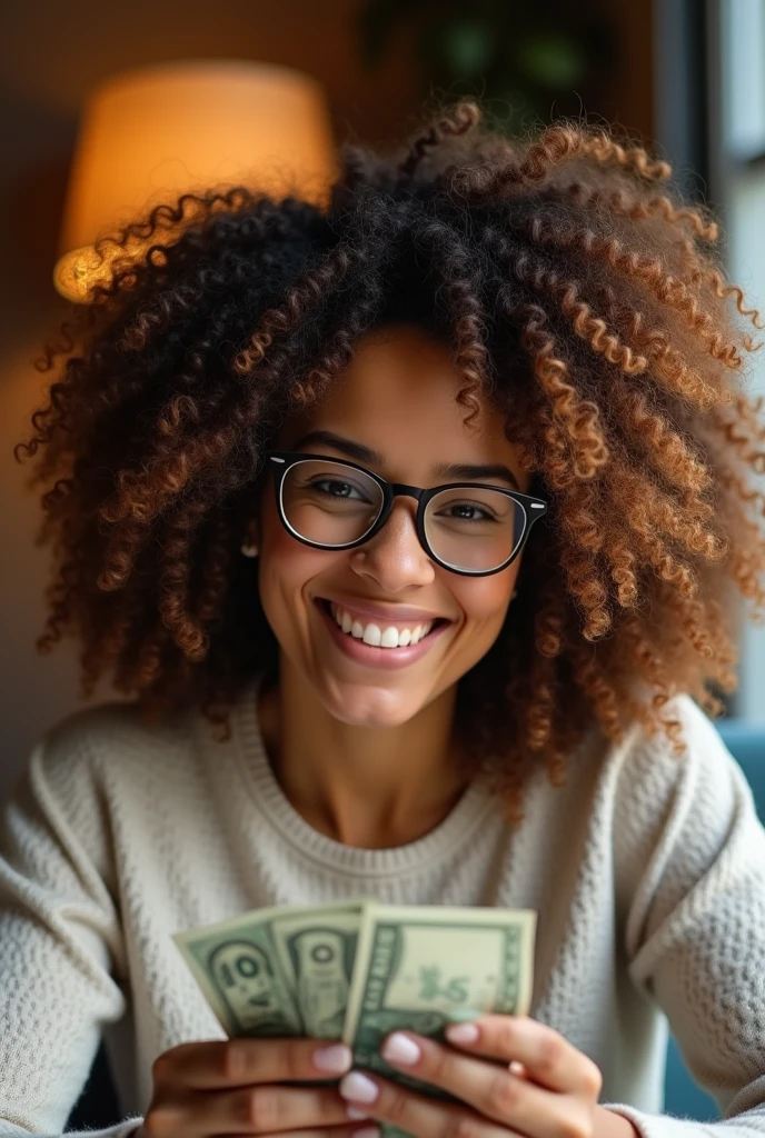 Happy curly woman with glasses earning money 