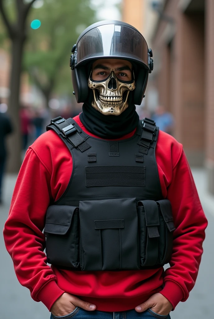 Young Mexican man with modern ballistic helmet, He wears a skull mask that covers his face, Mexican style., wears modern ballistic vest, Photo taken in early 2024,, He is wearing a red sweatshirt and jeans. closeup full body. Photorealistic