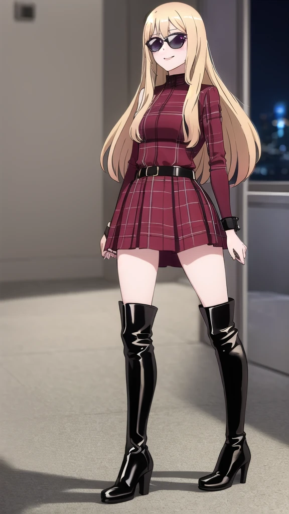 1 girl, solo, an extremely beautiful frame, great view, detailing, HD frame, (( ultra quality )) , A beautiful girl, patent leather boots, sunglasses, sexy boots,
blonde hair, shiny figure, Pink eyes, manicure, full length, plaid skirt, red dress, bracelets, black thigh-high boots, heels, room, Clinging to the wall, night, lamps are on, nice smile, long hair, Thin legs, 8k, very nice, advanced graphics,
aesthetics of privacy, clear frame, Looking at the viewer, (( drawing many details )) , take into account all the shortcomings,