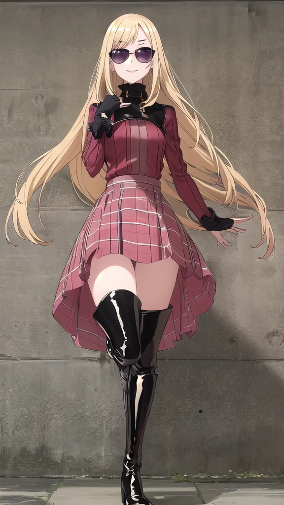 1 girl, solo, an extremely beautiful frame, great view, detailing, HD frame, (( ultra quality )) , A beautiful girl, patent leather boots, sunglasses, sexy boots,
blonde hair, shiny figure, Pink eyes, manicure, full length, plaid skirt, red dress, bracelets, black thigh-high boots, heels, room, Clinging to the wall, night, lamps are on, nice smile, long hair, Thin legs, 8k, very nice, advanced graphics,
aesthetics of privacy, clear frame, Looking at the viewer, (( drawing many details )) , take into account all the shortcomings,