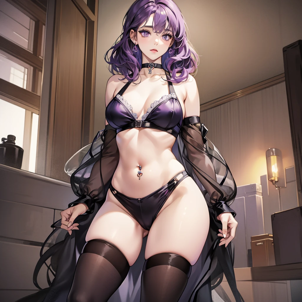 (extremely delicate and beautiful:1.2), 8k, (masterpiece:1.0), (best_quality:1.0), 1girl, masterpiece, young adult, female, looking at viewer, portrait, full body, curve body, thick belly, tick thighs, tick butt, strong, arrogant, sportive, full makeup, pale skin, goth outfits, short wavy hair purple color. purple eyes, D cup bust, eyelashes, ear studs, sexy choker, jewelry, longs and sexy legs, navel piercing