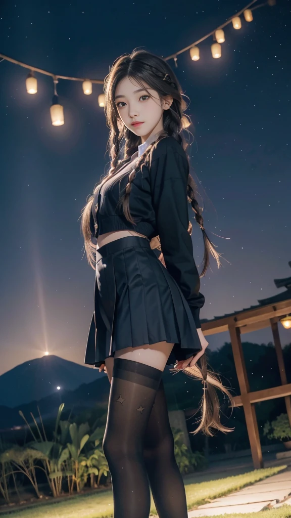 ulzzang-6500-v1.1, (RAW photo: 1.2), (Real photo), (Real photo: 1.4), 1 girl、Perfect anatomy、19 years old、Looking at the camera、Medium length hair、side braids, uniform short skirt, in a surreal royal garden, with many hanging lanterns, under the starry night sky, ((starry night: 1.1))、(Surreal tights: 1.2), (Business service)、Asian eyes Ella,