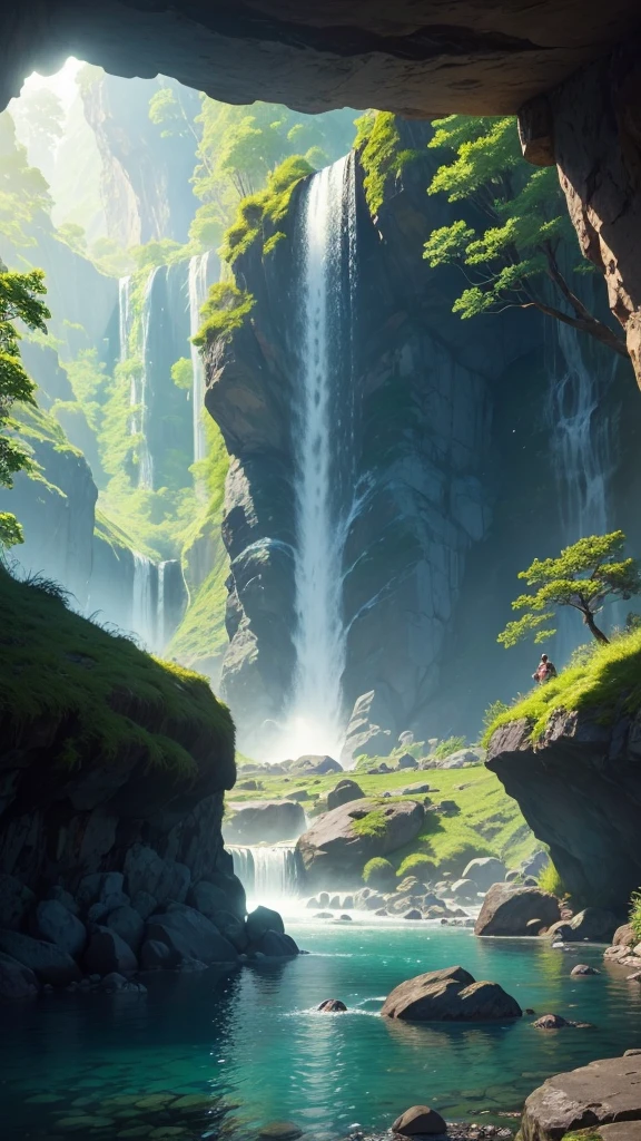 View from afar of a very abundant waterfall, The water looks bright and sparkly illuminated by sunlight. It is surrounded by rocks and very green and lush vegetation.. super detailed image