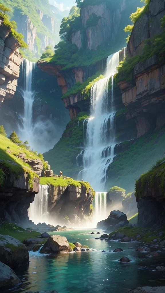 View from afar of a very abundant waterfall, The water looks bright and sparkly illuminated by sunlight. It is surrounded by rocks and very green and lush vegetation.. super detailed image