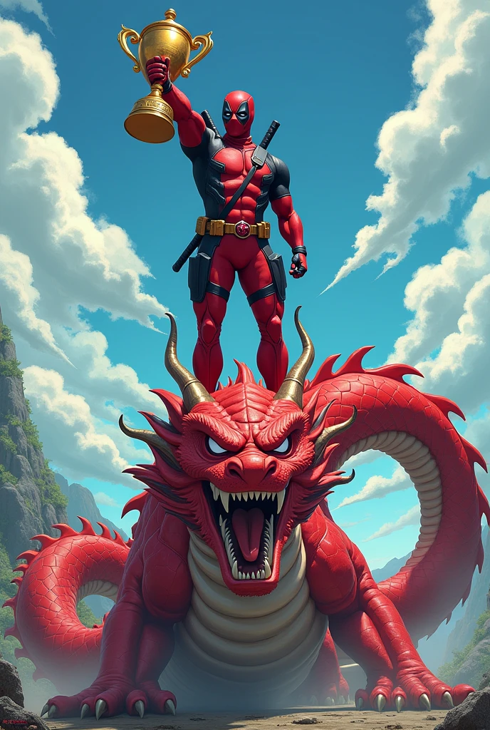 Deadpooll on top of Shenlong with a trophy in his hand