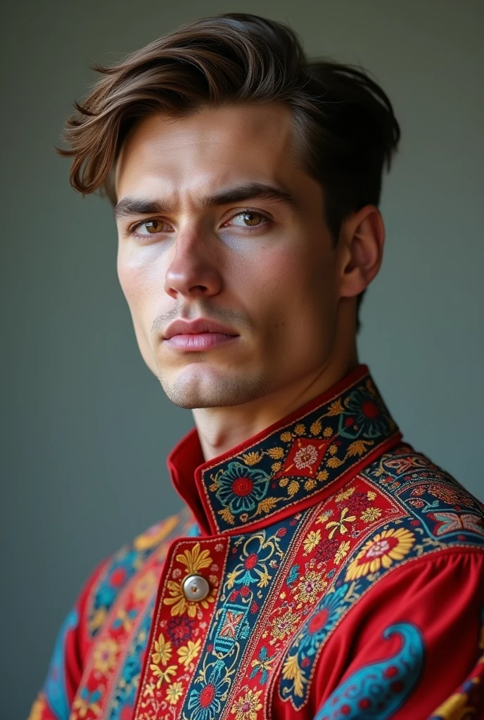 Here is a written prompt based on the image:

"A beautiful Russian boy 25 age  in a shart lassintricate embroidery and vibrant colors, posing with grace and confidence, showcasing her cultural heritage and beauty."

Let me know if you'd like me to modify the prompt or generate a new one!