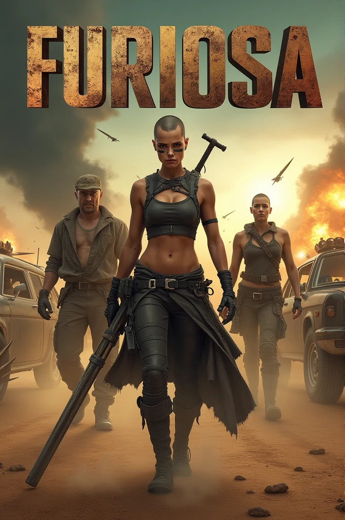 Center Furiosa, a fierce woman with a shaved head and black war paint across her eyes, in the foreground. She should be wearing rugged, battle-worn clothing and wielding a weapon. In the background, include prominent characters from the Mad Max saga, such as Max Rockatansky, with his rugged appearance, and Immortan Joe, with his menacing mask. They should be positioned on either side of Furiosa, slightly blurred but still recognizable. The desolate desert landscape should feature rusted, spiked vehicles and a stormy, dusty sky filled with fire, explosions, and flying debris. The overall color palette should be dark and gritty, with heavy contrasts to emphasize the harshness of the environment. The title 'Furiosa' should be bold and metallic, placed prominently at the top or bottom."