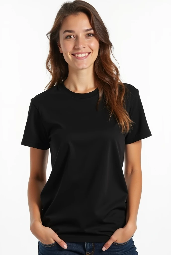 young woman in black women's t-shirt, Lisa, unisex, on a white background