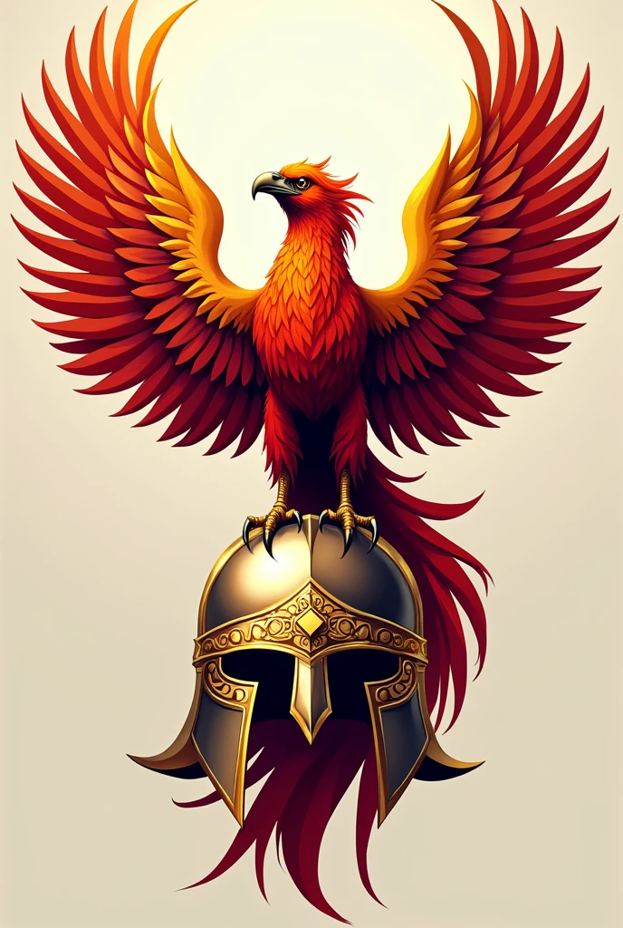 Create a vector image with a phoenix bird with open wings standing in a Spartan helmet