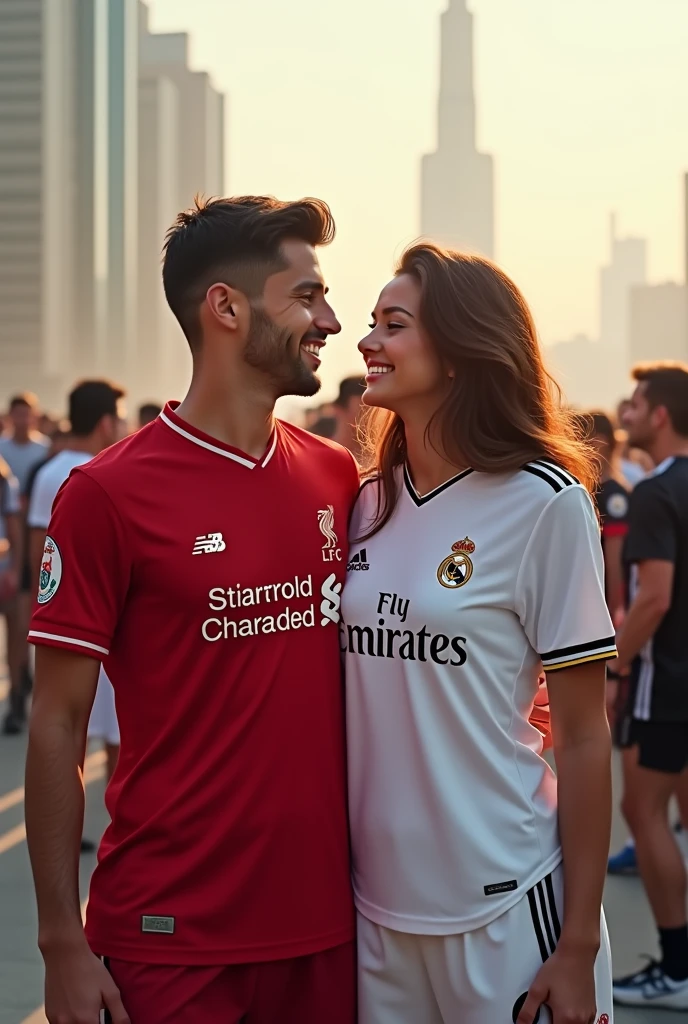 A 22 years old boy, who wear a Liverpool Jersey.. And and a 20 years girl who wear a real madrid Jersey.. They are couple