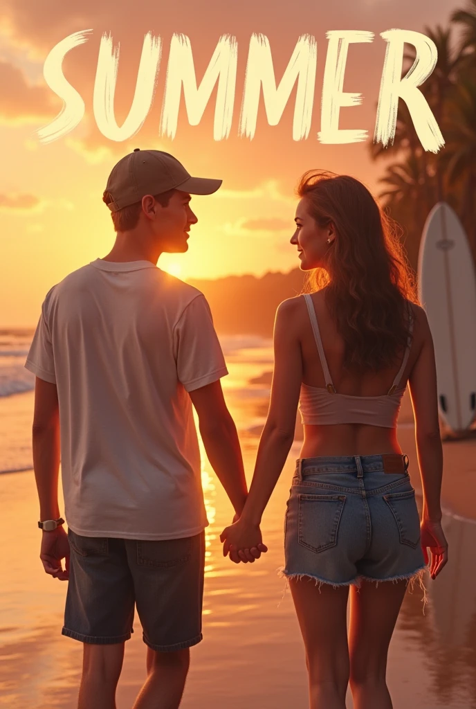 A cover for a Netflix series about two teenagers who fall in love. The title is "summer love" that they are walking on the beach at sunset. That there are some surfboards on the shore and that they look a little far away. Put the title "summer love" and have the man wear a cap backwards