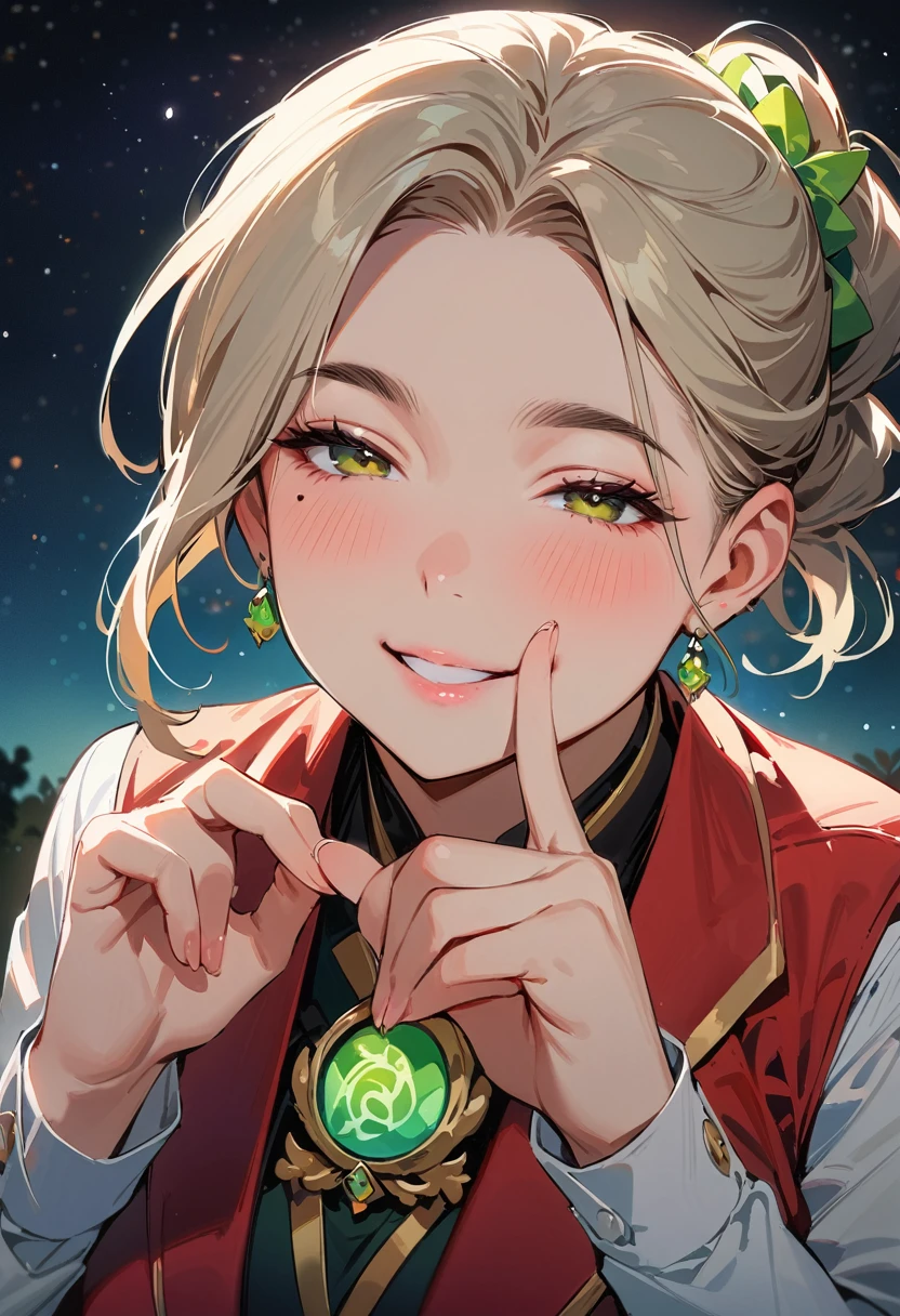 (masterpiece, best quality:1.4), 1 girl, 独奏, Star pupil, Blurred eyes, Close your left eye, Smile, Look up and down, peace gesture, Right tear mole, (Green double ponytail hairstyle:1.2), Royal sister, large breasts, Vest, Vision, Midnight starry sky background.