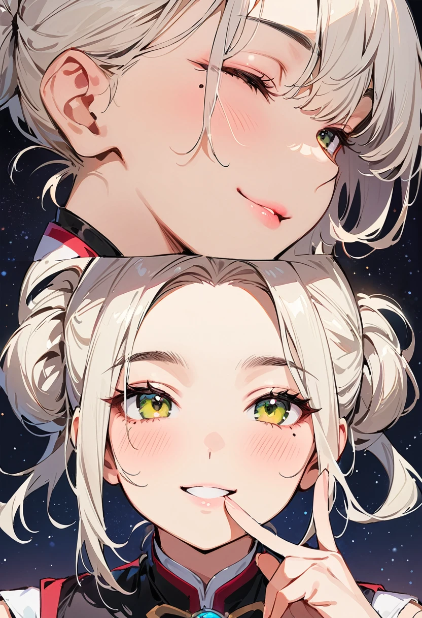 (masterpiece, best quality:1.4), 1 girl, 独奏, Star pupil, Blurred eyes, Close your left eye, Smile, Look up and down, peace gesture, Right tear mole, (Green double ponytail hairstyle:1.2), Royal sister, large breasts, Vest, Vision, Midnight starry sky background.