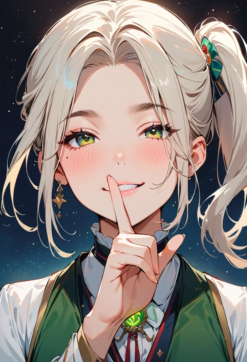 (masterpiece, best quality:1.4), 1 girl, 独奏, Star pupil, Blurred eyes, Close your left eye, Smile, Look up and down, peace gesture, Right tear mole, (Green double ponytail hairstyle:1.2), Royal sister, large breasts, Vest, Vision, Midnight starry sky background.