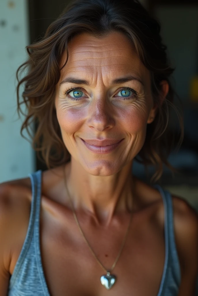 45 year old mature woman, wrinkles on the face, Blue eyes, not a perfect face, (photorealistic:1.4, extremely complex:1.3, radiation, photon mapping, dtx, 8 K), ((((heart necklace close up, casual wear, [medium breast:Big breasts:0.8])), [Skin detail:freckles:0.7], natural), Bock effect, blurred background, Focus on face, street realistic light, no nudity, No eroticism