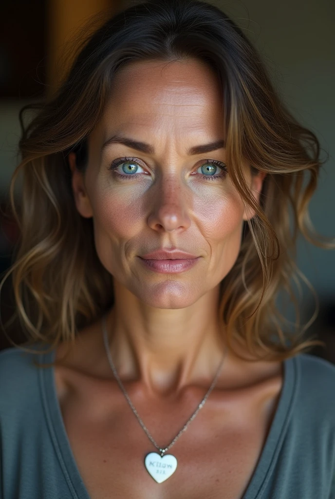 45 year old mature woman, wrinkles on the face, Blue eyes, not a perfect face, (photorealistic:1.4, extremely complex:1.3, radiation, photon mapping, dtx, 8 K), ((((heart necklace close up, casual wear, [medium breast:Big breasts:0.8])), [Skin detail:freckles:0.7], natural), Bock effect, blurred background, Focus on face, street realistic light, no nudity, No eroticism