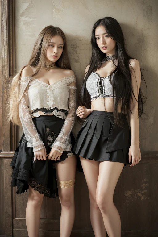 (((original photography:1.2))),((Realism:1.3)),2 girls standing together,((Lace skirt)),Full body portrait,Very detailed face,exquisite eyes,Charming eyes,Realistic skin texture, (fashion style:1.3) ,(Torn skirt:1.3), Golden body proportions, messy long hair, (very detailed) ,damaged skirt,((lift each other's skirts)),precise, Dramatic
