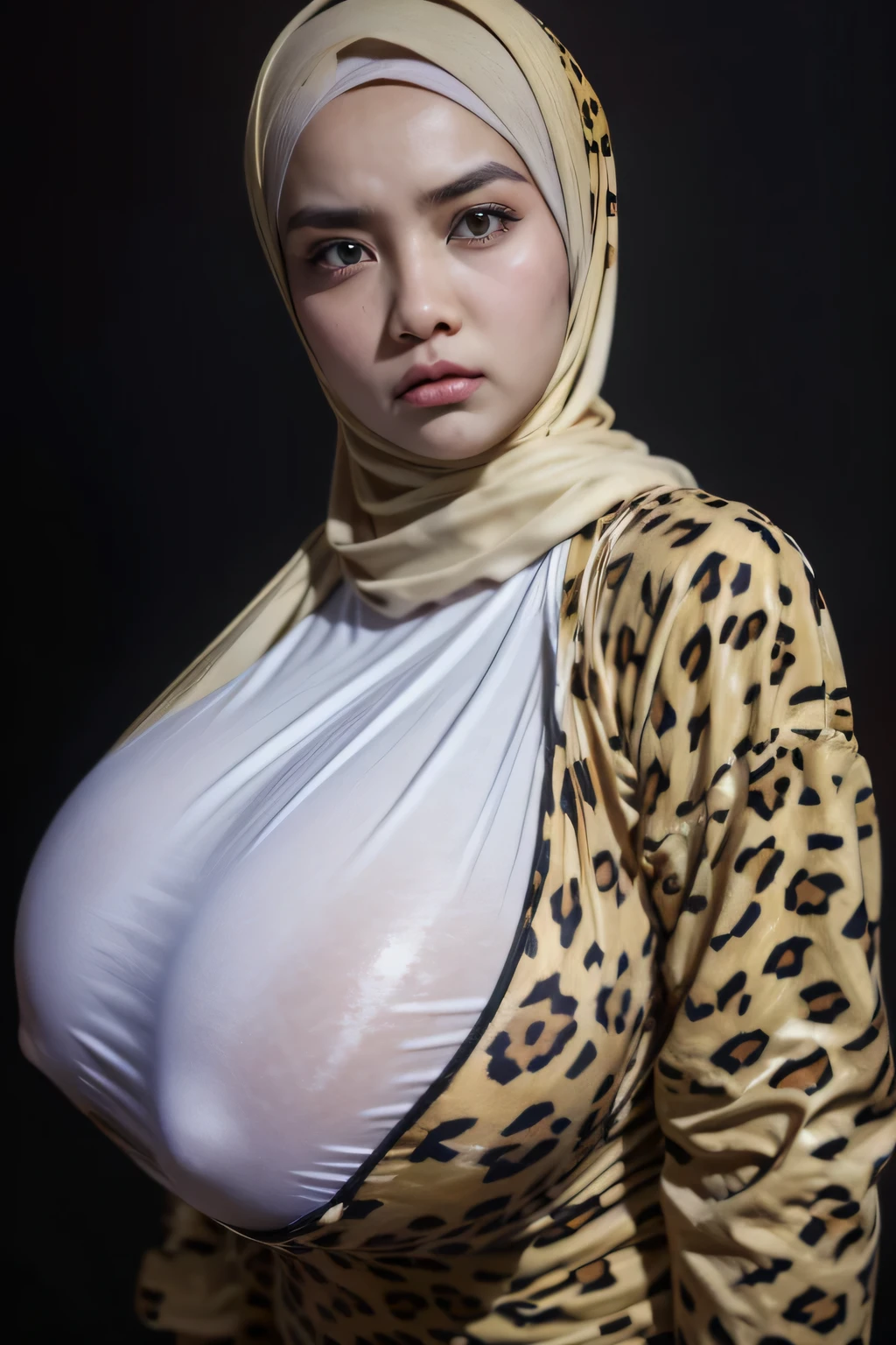 Jumbo (Singlet), Chubby adorable, 1 girl, (face to face), s old, baby face, angry face expression, half body portrait, (face details: 1), (eye details: 1), ((big breasts)). wearing transparent transparency soft long shirt, hijab, .. Cute posed. proportional body. Ultra High Res. realistic: 1.4, UHD, ((leopard pattern)), ((Bigger:2.3)), (((DARK BACKGROUND)))
