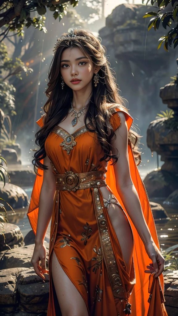 4K, UHD, Masterpiece, 1 girl, good face, detailed eyes, ((very long hair)), bridal hairstyle, butterfly on hair, ornaments, crystal ornaments, jwellery, block print dress, ((orange dress)), very detailed dress, strap dress, flowing cape, mesh stocking, cinematic unreal scenery, legendary scenery, rainy weather, wet ground, depth of field, ray tracing, bloom, god rays, lens flare, sun flare, cinematic pose,