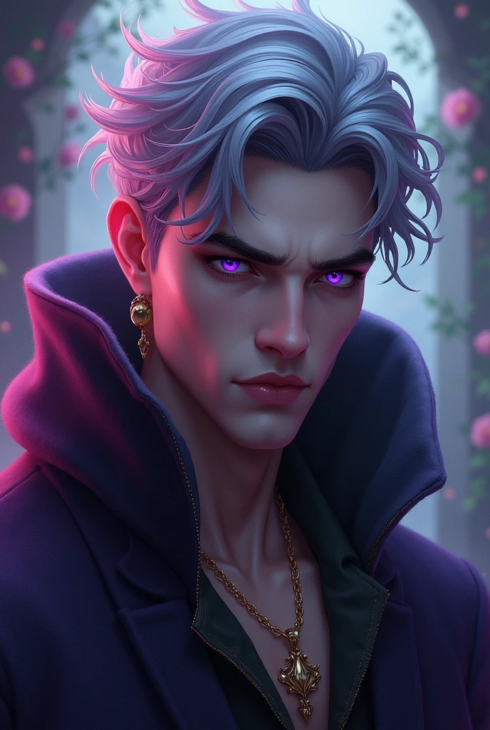 male, Silver-purple hair, Dark purple eyes, languid eyes, 20's, bust, A look of anger, Romance Fantasy, Crown Prince