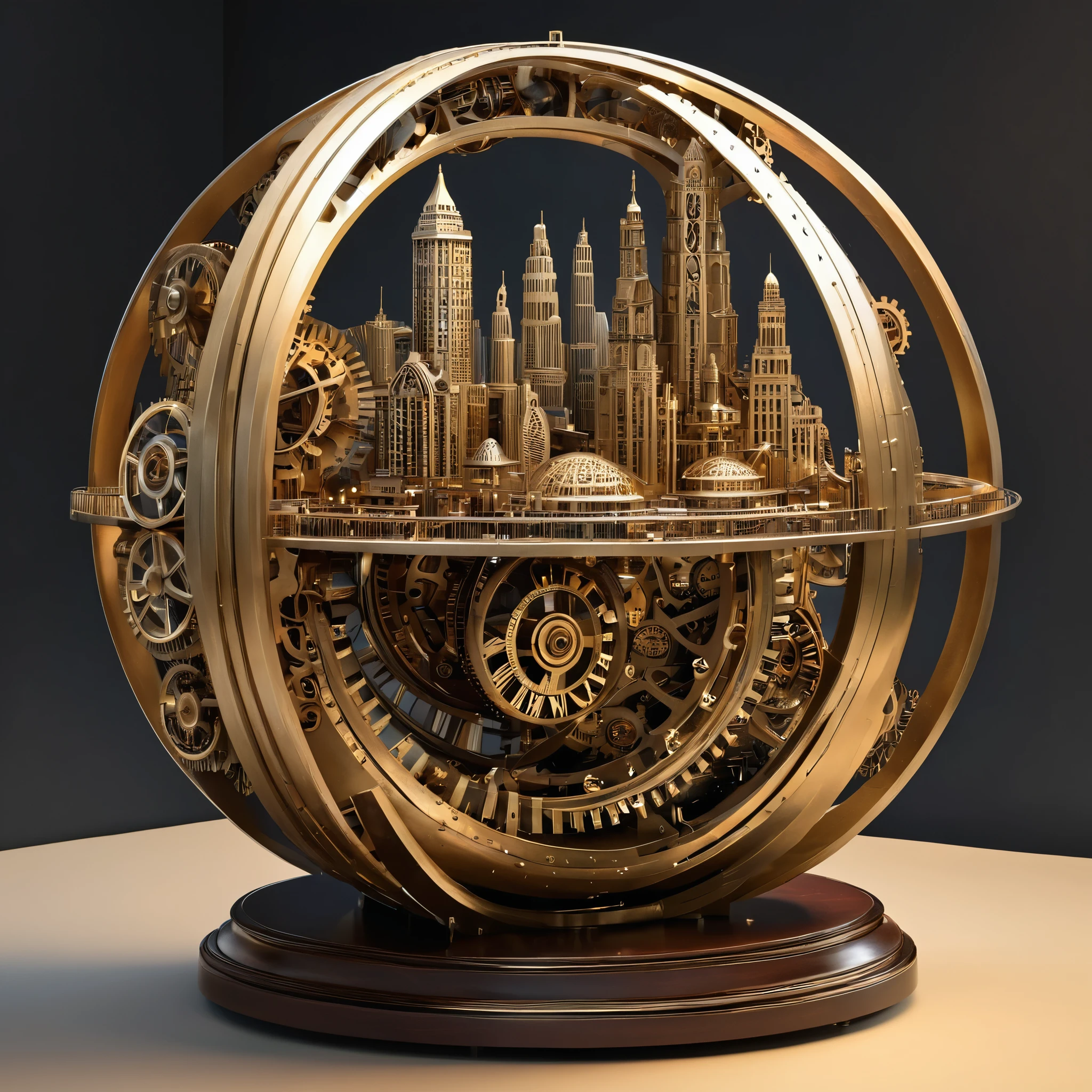 Concept art of time machine with gears inside , spherical sculpture style, Intricate cityscape, Carl Holso, Inspired by Africa&#39;s future, installation-based, Golden Age aesthetics, miniaturecore, In the style of a sophisticated spacecraft, complex architecture, Tiny cores, miniaturecore, Gaston Bussière, futuristic building, High-tech future, The style of Unreal Engine 5, Future spacecraft design, Spherical sculpture, psychedelic surreal:, detailed meticulous, Light amber and gold, alien worlds, Futuristic device style, Intricate cityscape, Unreal Engine5, Spherical sculpture, light gold and brown, radiation clusters, Fantastic building,(Best quality at best,8K,Complex,A high resolution,tmasterpiece:1.2),Intricate details of a close-up shot of a clock tower surrounded by lots of glittering gold, Complex 8K rendering of highly detailed and sophisticated clock mechanisms, Complex detailed 3D rendering of complex machine in space, golden steampunk city atmosphere, Complex artwork, Rendered in a cinematic way，Featuring high levels of detail and ultra-realistic visuals, Cyber Steampunk 8K 3D Rendering，Ultra-detailed and realistic depictions