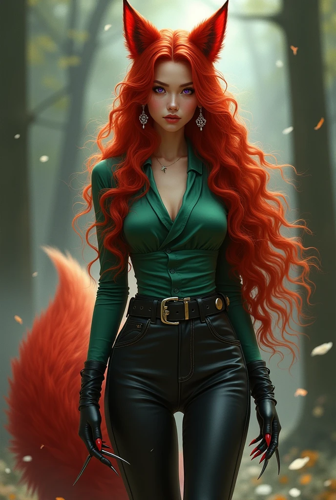 Kitsune in human form, long curly copper red hair, red tail, red cat ears with earrings, violet cat eyes, Caucasian skin, leather pants, tight blouse in leaf green, black leather boots and long, sharp nails
