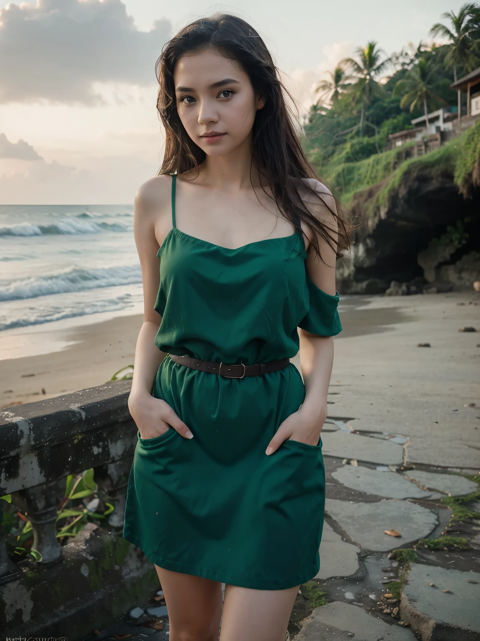 1girl, solo ,masterpiece, best_quality, photoshoot, looking at camera, young  , happy expression, (porcelain skin), brown eyes, (black hair), (messy hair), green dress, jeans, white skin, night, bali background, Standing with bent legs, instagram trendings