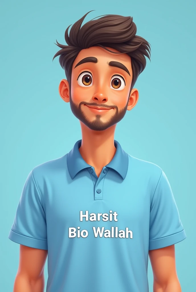 Make a cute boy with small beard with front view and also front insite image without smile with a light blue colour new shirt and written on the shirt Harsit Bio Wallah 