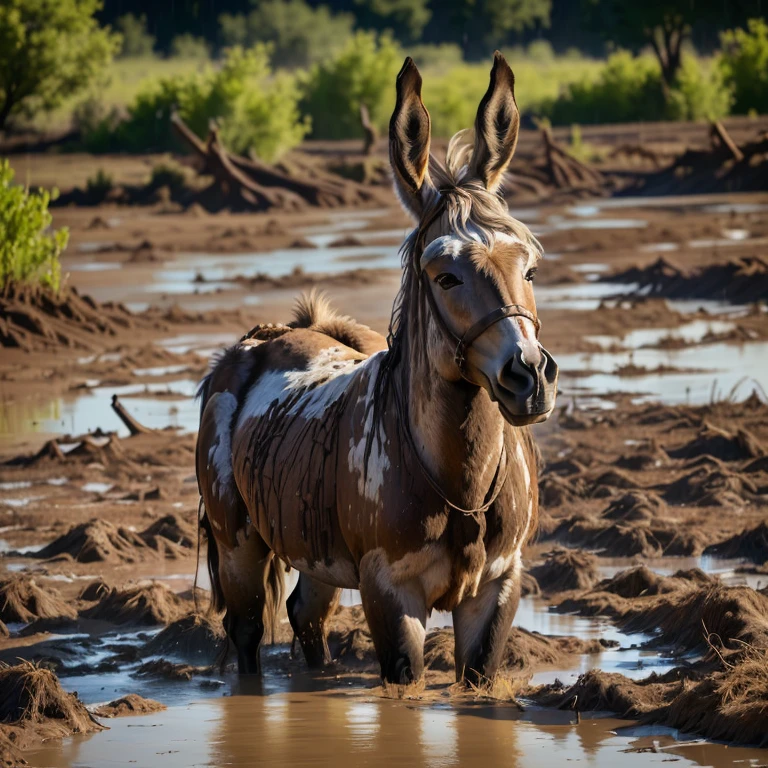 there is a donkey standing in a muddy field with trees in the background, donkey, covered in mud, wild beautiful donkey, fur with mud, wet mud, stuck in mud, mule, muddy fur, brown mud, portrait shot, afar, muddy ground, mud on face, donkey ears, a messy, by Daniel Lieske, rainfall and mud, big smirk
