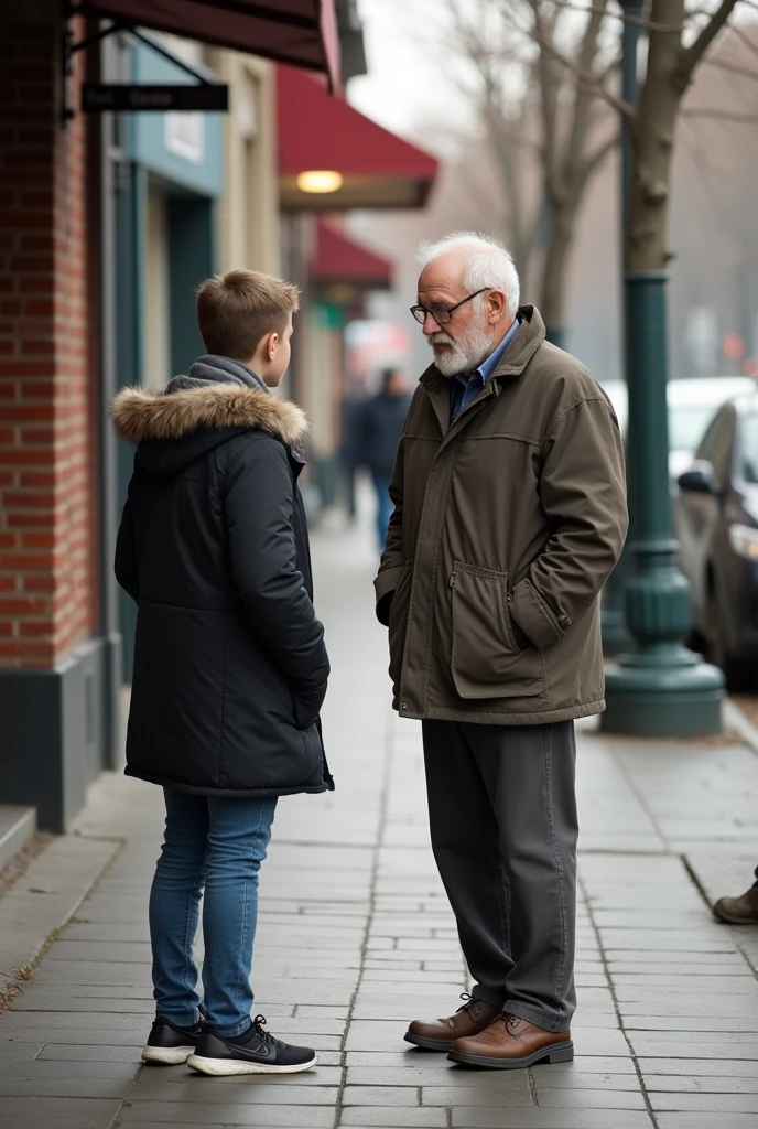 on the sidewalk an elderly man talks to a 13 year old child.