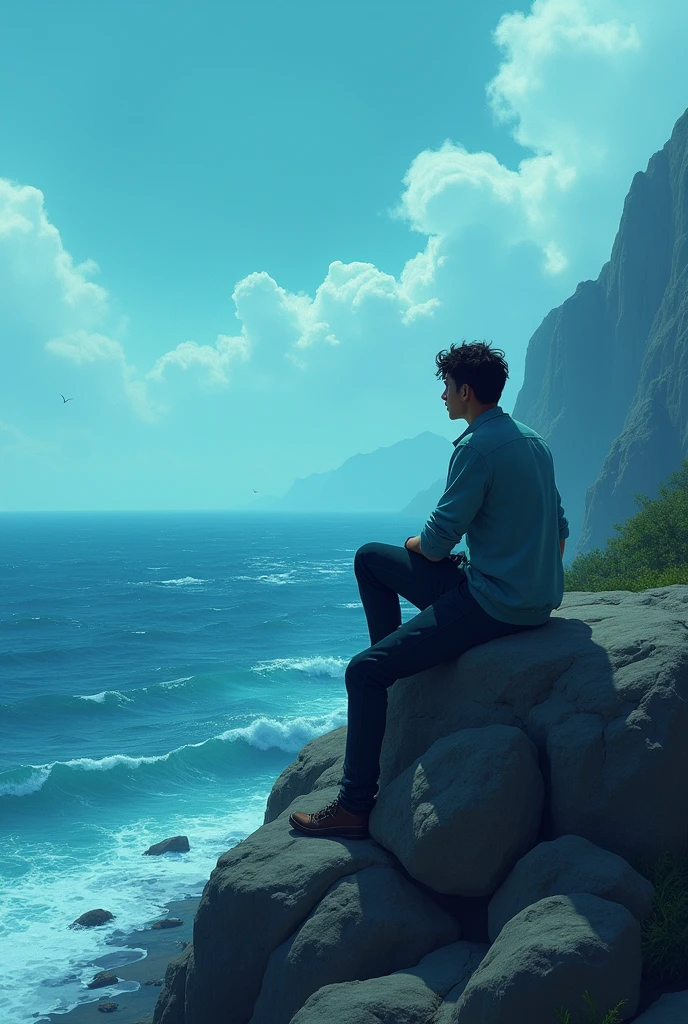 Man sat on rock with sadly at ocean Disney