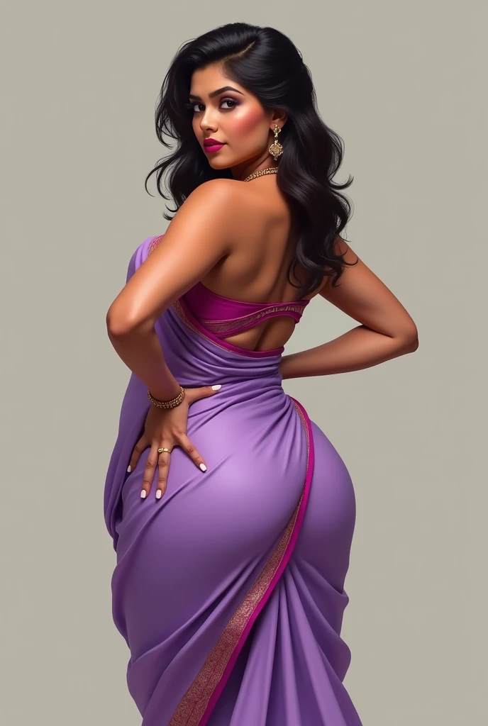 Short normal indian with thick thighs 
Posing from back flexing her thicc ass wearing a lilac color saree with magenta border
