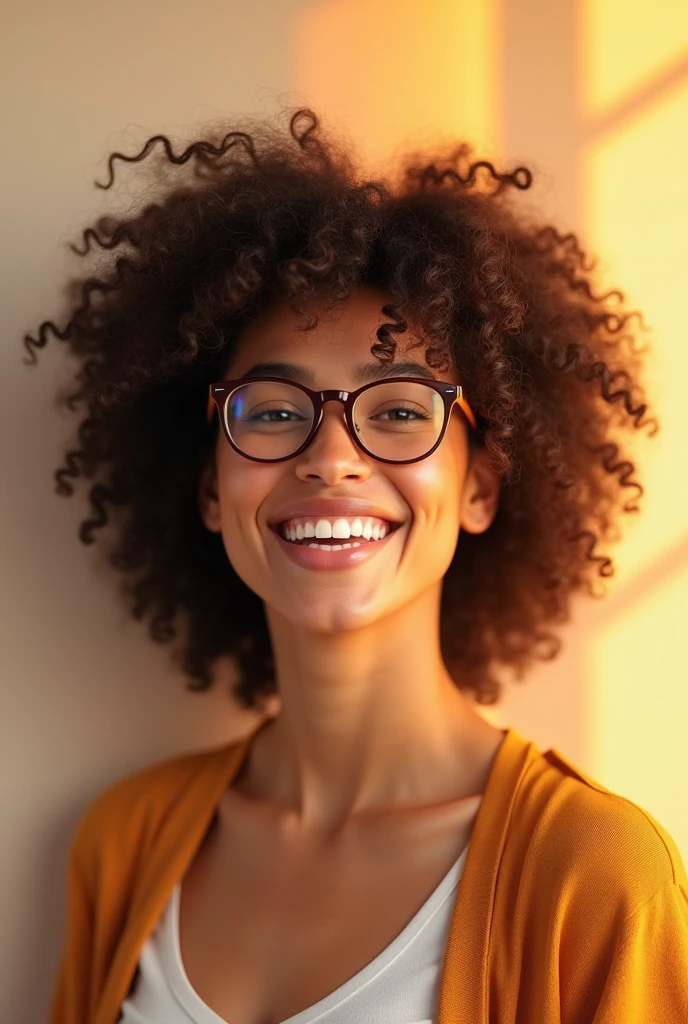 Curly woman with glasses happy confident and positive self image