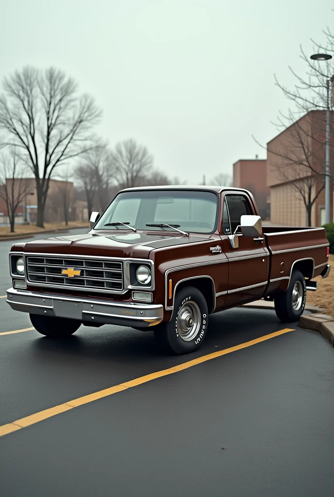 Chevrolet Silverado 350 truck with railing year 1973 dark brown color parked in a parking space