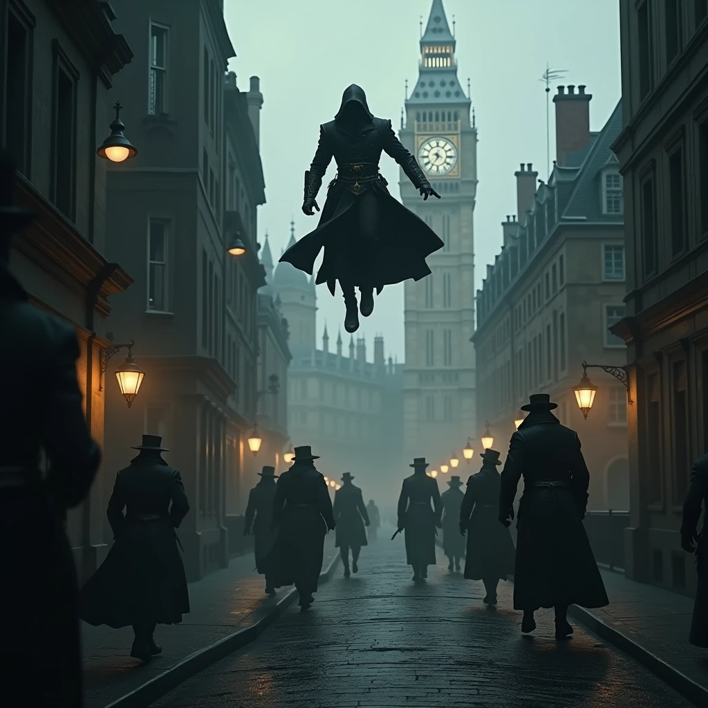 Create a series of highly realistic and dynamic images depicting a dark and atmospheric Victorian London. The scene should be drenched in a noir tone, with sharp contrasts and deep shadows. **Key Elements:** 1. **Setting:** Victorian London, with foggy streets, dimly lit alleyways, and grand, gothic architecture. Include iconic elements like gas lamps, cobblestone streets, and the silhouette of Big Ben in the background. 2. **Characters:** An enigmatic assassin, cloaked in dark, hooded attire typical of the Assassin’s Creed series. The character should be shown in motion, either leaping across rooftops, blending into shadows, or engaged in stealthy actions. Include dynamic poses that convey movement and agility. 3. **Atmosphere:** Emphasize a gritty, tense mood with high contrast lighting. The scenes should have a dramatic and shadowy quality, with intense focus on the interplay of light and darkness. 4. **Action:** The assassin should appear menacing and agile, performing intricate acrobatics or engaging in a dramatic confrontation. Capture the sense of speed and fluidity in their movements. 5. **Details:** Incorporate realistic textures and details to enhance the authenticity of the setting and characters. Pay attention to the effects of lighting on the assassin’s attire and the environment.