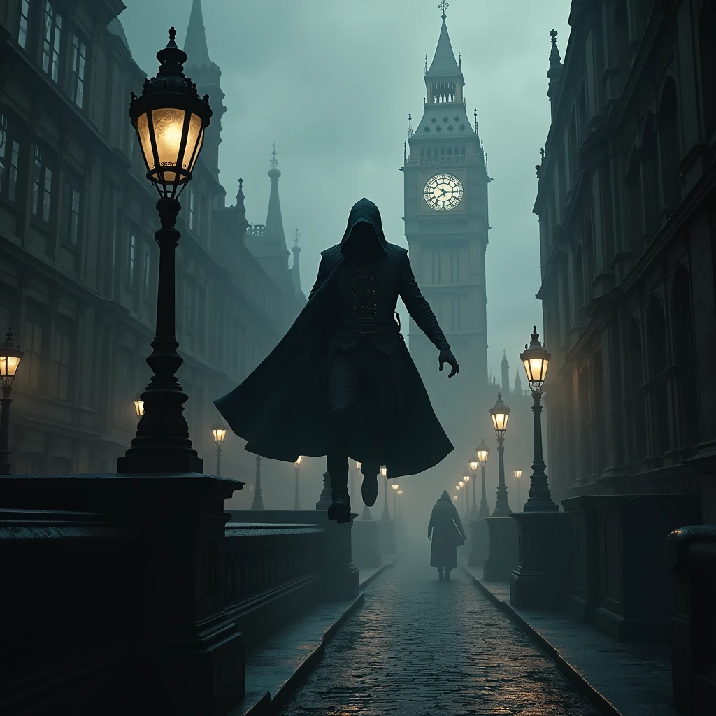 Create a series of highly realistic and dynamic images depicting a dark and atmospheric Victorian London. The scene should be drenched in a noir tone, with sharp contrasts and deep shadows. **Key Elements:** 1. **Setting:** Victorian London, with foggy streets, dimly lit alleyways, and grand, gothic architecture. Include iconic elements like gas lamps, cobblestone streets, and the silhouette of Big Ben in the background. 2. **Characters:** An enigmatic assassin, cloaked in dark, hooded attire typical of the Assassin’s Creed series. The character should be shown in motion, either leaping across rooftops, blending into shadows, or engaged in stealthy actions. Include dynamic poses that convey movement and agility. 3. **Atmosphere:** Emphasize a gritty, tense mood with high contrast lighting. The scenes should have a dramatic and shadowy quality, with intense focus on the interplay of light and darkness. 4. **Action:** The assassin should appear menacing and agile, performing intricate acrobatics or engaging in a dramatic confrontation. Capture the sense of speed and fluidity in their movements. 5. **Details:** Incorporate realistic textures and details to enhance the authenticity of the setting and characters. Pay attention to the effects of lighting on the assassin’s attire and the environment.