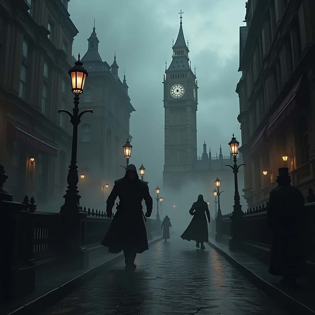Create a series of highly realistic and dynamic images depicting a dark and atmospheric Victorian London. The scene should be drenched in a noir tone, with sharp contrasts and deep shadows. **Key Elements:** 1. **Setting:** Victorian London, with foggy streets, dimly lit alleyways, and grand, gothic architecture. Include iconic elements like gas lamps, cobblestone streets, and the silhouette of Big Ben in the background. 2. **Characters:** An enigmatic assassin, cloaked in dark, hooded attire typical of the Assassin’s Creed series. The character should be shown in motion, either leaping across rooftops, blending into shadows, or engaged in stealthy actions. Include dynamic poses that convey movement and agility. 3. **Atmosphere:** Emphasize a gritty, tense mood with high contrast lighting. The scenes should have a dramatic and shadowy quality, with intense focus on the interplay of light and darkness. 4. **Action:** The assassin should appear menacing and agile, performing intricate acrobatics or engaging in a dramatic confrontation. Capture the sense of speed and fluidity in their movements. 5. **Details:** Incorporate realistic textures and details to enhance the authenticity of the setting and characters. Pay attention to the effects of lighting on the assassin’s attire and the environment.