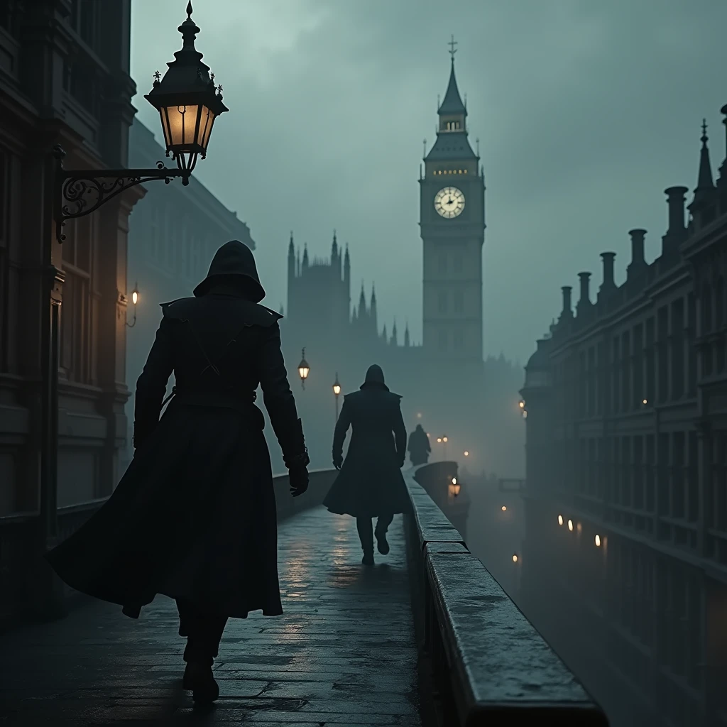 Create a series of highly realistic and dynamic images depicting a dark and atmospheric Victorian London. The scene should be drenched in a noir tone, with sharp contrasts and deep shadows. **Key Elements:** 1. **Setting:** Victorian London, with foggy streets, dimly lit alleyways, and grand, gothic architecture. Include iconic elements like gas lamps, cobblestone streets, and the silhouette of Big Ben in the background. 2. **Characters:** An enigmatic assassin, cloaked in dark, hooded attire typical of the Assassin’s Creed series. The character should be shown in motion, either leaping across rooftops, blending into shadows, or engaged in stealthy actions. Include dynamic poses that convey movement and agility. 3. **Atmosphere:** Emphasize a gritty, tense mood with high contrast lighting. The scenes should have a dramatic and shadowy quality, with intense focus on the interplay of light and darkness. 4. **Action:** The assassin should appear menacing and agile, performing intricate acrobatics or engaging in a dramatic confrontation. Capture the sense of speed and fluidity in their movements. 5. **Details:** Incorporate realistic textures and details to enhance the authenticity of the setting and characters. Pay attention to the effects of lighting on the assassin’s attire and the environment.