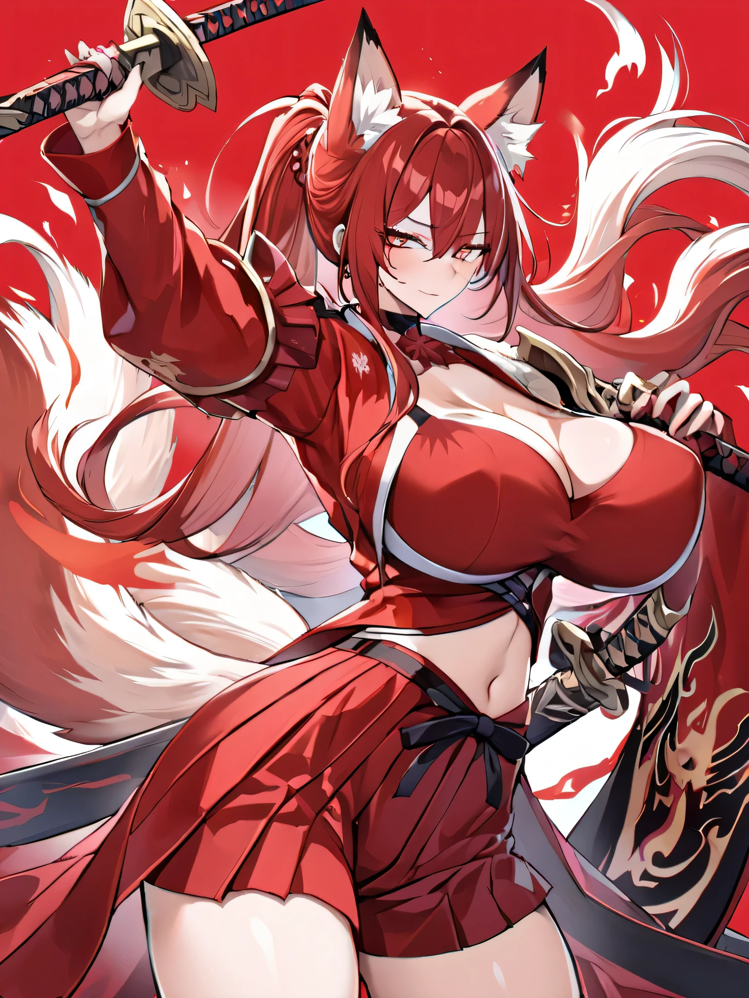 8K Best quality Best work Red long ponytail Red fox ears Nine fox tails Very large breasts Flaming Japanese sword Red jacket Long hakama Red eyeshadow on lower eyelids Red burning background Japanese style Samurai Flame hell Five fingers