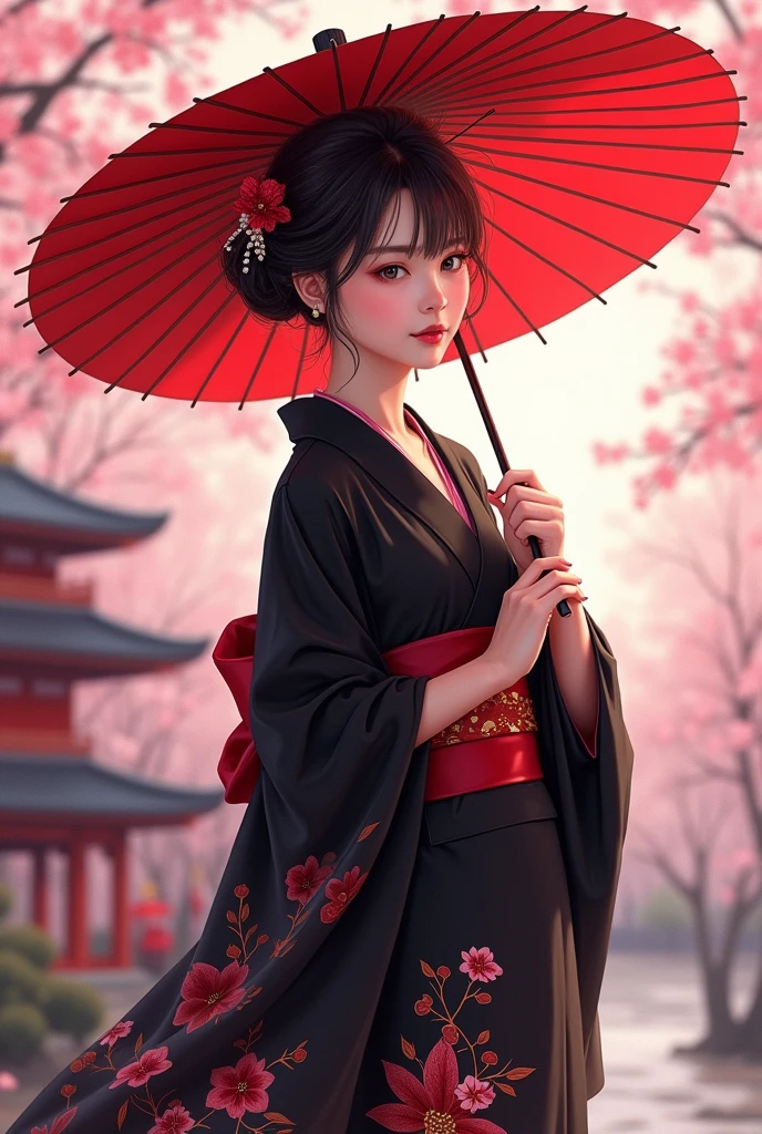 A Anime style portrait, Create a digital painting of an elegant woman dressed in a traditional Japanese kimono with a modern twist. The kimono is primarily black, providing a strong and sophisticated base, and features red and pink cherry blossom patterns that add warmth and delicacy. The red obi (belt) complements the kimono and adds a vibrant contrast. The woman is holding a large red umbrella above her, with subtle highlights that suggest sunlight filtering through. Her eyes are closed, exuding grace and serenity, and her hair is styled in a neat updo with soft waves. The background should depict a serene Japanese garden with cherry blossom trees in full bloom and a traditional pagoda structure in muted reds, with soft pastel hues creating a peaceful atmosphere. The textures should be smooth and polished, with the kimono appearing silky and luxurious, and the cherry blossoms delicate and soft. The overall atmosphere should be calm and sophisticated, with a harmonious blend of colors and textures that emphasize the character’s elegance and the serene setting