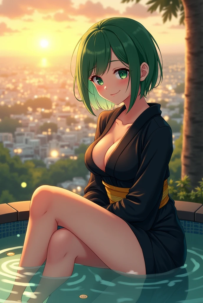 1 girl, short green hair, greeneyes, ((Kale, black kimono, sitting down, cross legs, leg focus, seducing smile, in a hot spring)), curvy figure, overlooking the city, blush, day BREAK (((work of art))), ((highly detailed character)), ((perfects eyes)), ((face perfect)), ((best qualityer)), ((perfect hands)), high resolution, highly detailed image, thick thighs BREAK Nice bottom, volumetric lighting,