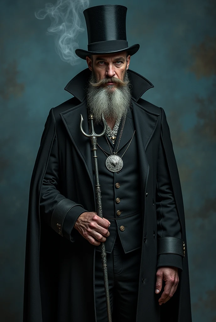 Light skin man,black clothing,until the end,chic,unnoticing green eyes,voluminous beard, silver medallion necklace,holding an iron trident,black cover with blue background,high collar and low top hat,smoking a pipe,one foot bare and the other a bull&#39;s foot
