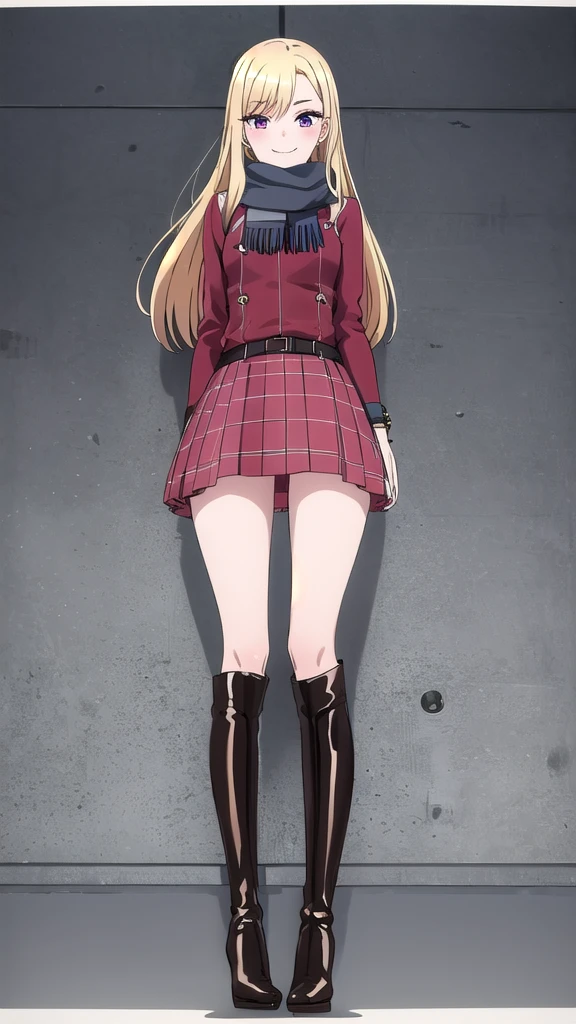 1 girl, solo, an extremely beautiful frame, great view, detailing, HD frame, (( ultra quality )) , A beautiful girl, patent leather boots, sexy boots, scarf, 
blonde hair, shiny figure, Pink eyes, manicure, full length, plaid skirt, red dress, bracelets, black thigh-high boots, heels, room, Clinging to the wall,  night, lamps are on, nice smile, long hair, Thin legs, 8k, advanced graphics, 
aesthetics of privacy, clear frame, Looking at the viewer, (( drawing many details )) , take into account all the shortcomings, 